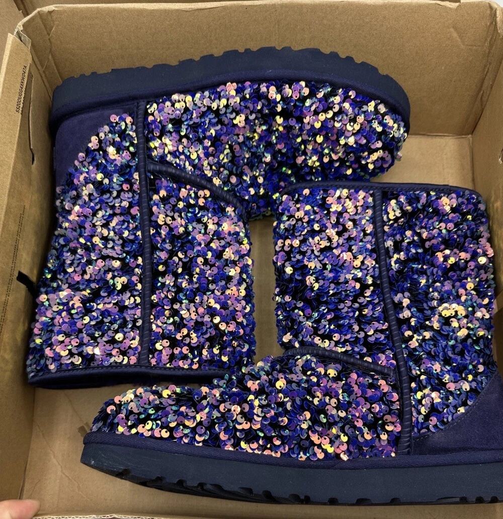 UGG Classic Short Stellar Sequin Boots Women’s 10 Blue Purple Iridescent NIB
